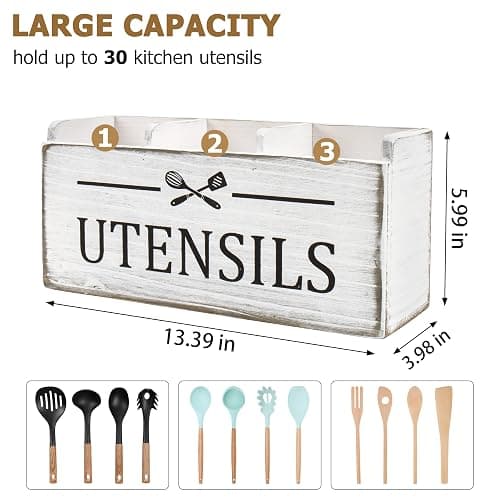 RedCall Wooden Kitchen Utensil Holder for Counter-top,Large Utensil Organizer for Storage Cooking Tool and Silverware,Extra Large Rustic Wood Container (Antique) thumbnail 3