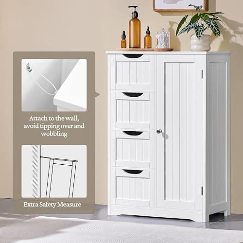 Yaheetech Wooden Floor Cabinet, Side Storage Organizer with 4 Drawers and 1 Cupboard, Freestanding Entryway Storage Unit Console Table, Bathroom Furniture Home Decor, White thumbnail 7