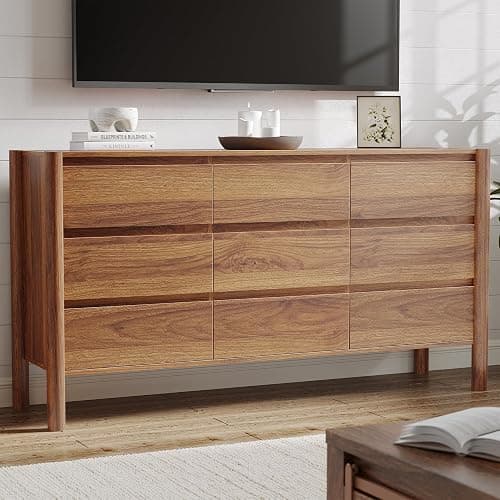 CHUWELL Dresser for Bedroom, 63" Wide Mid Century Modern Chest of Drawers with 9 Large Storage Space and 4 Solid Wood Cylindrical Legs, 9 Drawer Large Dresser for Bedroom(Walnut) thumbnail 6