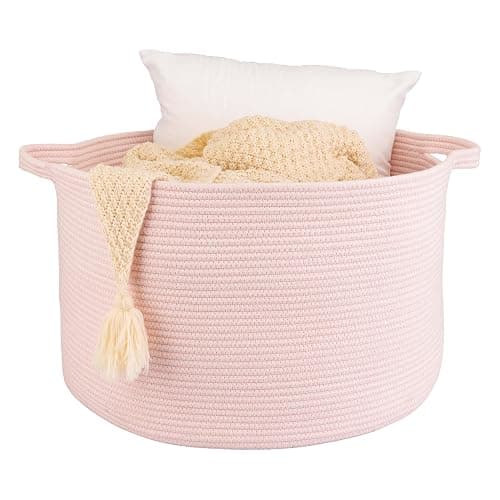 XUANGUO Large Cotton Rope Basket Blankets Basket Living Room 22"x14" Toy Baskets for Kids and Dogs Rope Storage Baskets for Nursery Woven Laundry Baskets for Clothes Towels Baby Toy Storage Round pink - Image 1