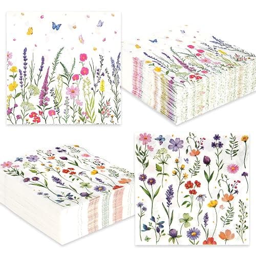 100Pcs Wildflower Napkins, Disposable Spring Floral Party Napkins, 2-Ply Guest Dinner Hand Napkin with Butterfly Flower for Spring Wedding Birthday Tea Bridal Dinner Parties & Home Use - Image 1