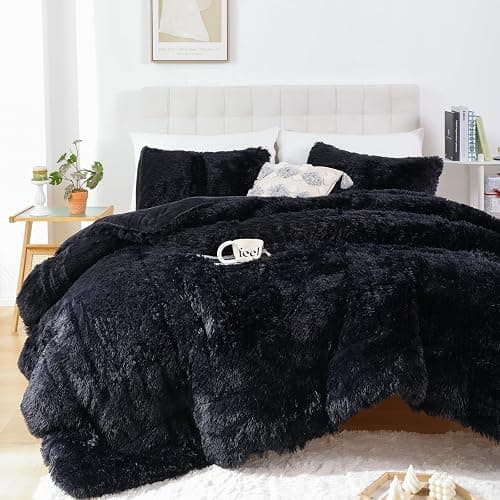 Smoofy Fluffy Queen Comforter Set, Faux Fur Black Comforter Set Queen Size, Luxury Fuzzy Bedding Set, Soft Shaggy Bed Set for All Season, 3 Pieces - 1 Comforter & 2 Pillowcases thumbnail 2