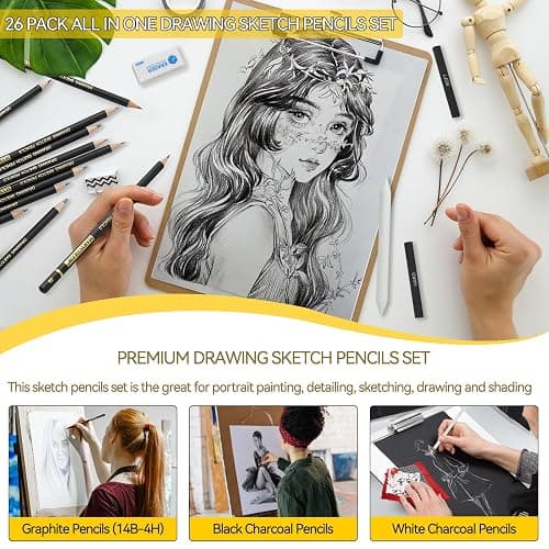 MARTCOLOR Drawing Sketching Pencil Set, 26 Pieces, Graphite Pencils (14B-4H), Charcoal Pencils, Charcoal Sticks, Blending Stump, Eraser, Sharpeners, Artist Pencils for Beginners & Pro Artists thumbnail 7