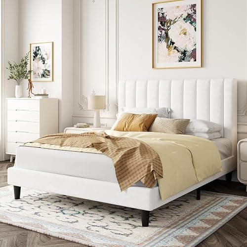 Allewie Queen Bed Frame/Velvet Upholstered Bed Frame with Vertical Channel Tufted Headboard/Strong Wooden Slats/Platform Bed Frame/Mattress Foundation/Box Spring Optional/Easy Assembly/White thumbnail 3