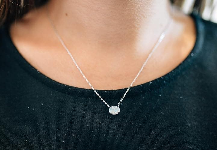 Sterling Silver Opal Necklace, 925 Sterling Silver, Small Dainty Oval Opal Jewelry for Women, Gemstone Necklaces, Womens Jewelry, Simple Rose Gold Necklaces for Women thumbnail 4