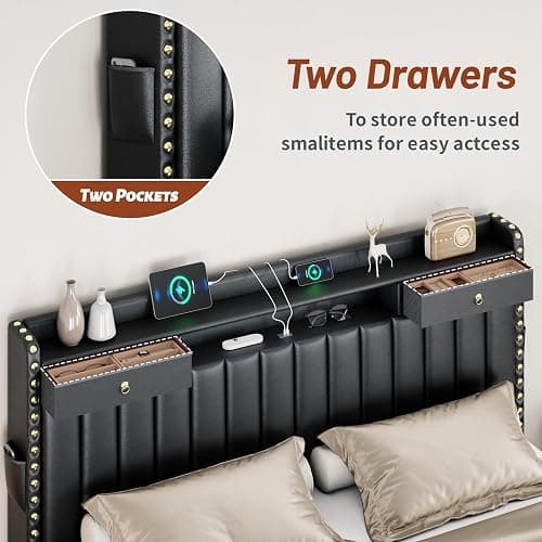CypBed King Size Bed Frame with Headboard & 4-Storage Drawers, Upholstered | PU Leather Bed Frame with 3 USB & Type-C Charging Ports,Solid Wood Slats,No Box Spring Needed,Noise-Free,Black,Gift thumbnail 3