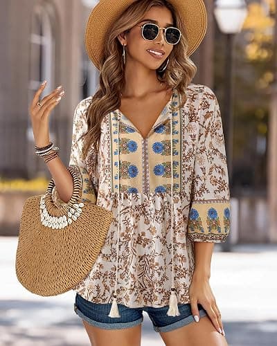 Vivilli Womens Summer Boho Babydoll Tops 3/4 Sleeve Pleated Peplum Blouses Casual V Neck Tie Front Fall Tunic Tops thumbnail 5