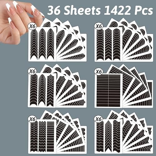 1422 Pcs French Tip Nail Guides, Self-Adhesive French Moon Shaped V-Shaped Manicure Strip Stickers for Edge Auxiliary Black DIY Decoration Stencil Tools(11 Designs, 36 Sheets) thumbnail 3