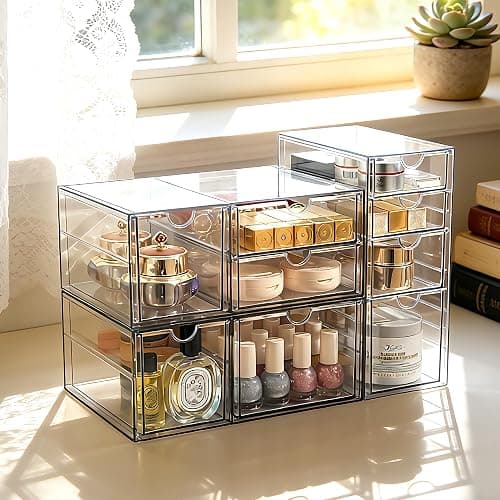 Prsildan Acrylic Drawer Makeup Organizer with 9 Drawers, Set of 3 Office Desk Organizers Accessories, Clear Stackable Storage Drawers for Vanity, Countertop, Craft, Jewelry, Art Supply Organization thumbnail 2
