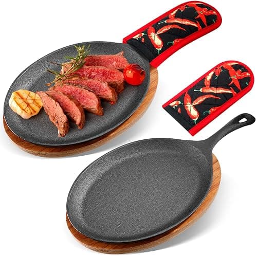 Lallisa 2 Sets Cast Iron Fajita Plate Set Fajita Plate Pan with Wooden Tray Anti Scald Protection Hot Mitt Cast Iron Skillet Set for Home Barbecue Kitchen Party Restaurant Catering Service - Image 1
