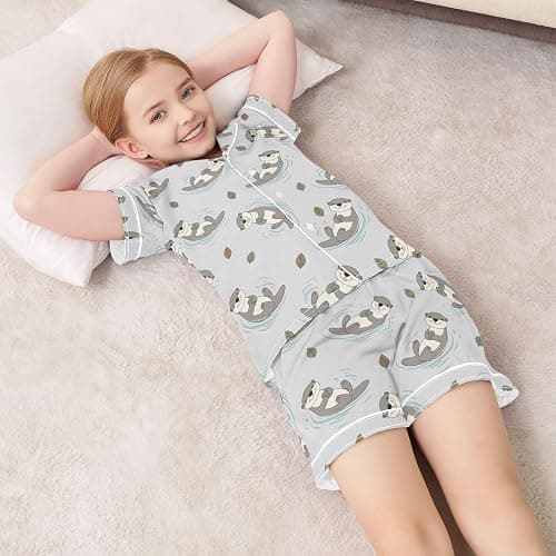 OWFKAY Kids Satin Pyjamas Set, Gray Otters Cute Girls Short Sleeve Button-Down Pajamas Pjs thumbnail 7