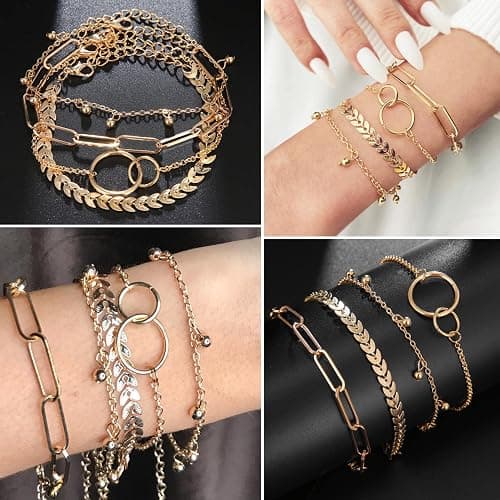 17IF 18-25 PCS(6 Pack) Boho Gold Bracelets Set for Women Stackable Chunky Dainty Bangles Adjustable Chain Flat Cuff Cuban Punk Charm Bundle Jewelry thumbnail 5