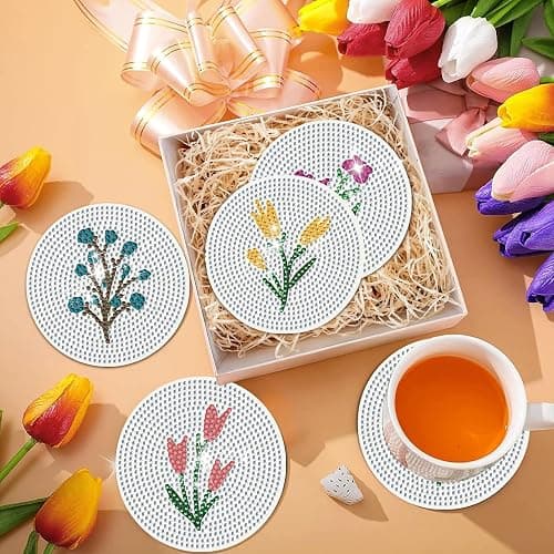 DOTZSO 8 Pcs Diamond Art Coasters Kit with Holder, Diamond Art Kits for Adults Beginners Small Diamond Painting Coasters, Arts and Crafts for Adults Supplies Item Sets (Flower) thumbnail 5