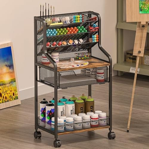 Small Rolling Utility Cart with Drawer, Metal Craft Storage Cart with Lockable Wheel, Versatile Art Organizer with 6 Tiers & Removable Dividers for Drawing Room, Store Paint & Artifact, Patent Pending - Image 1