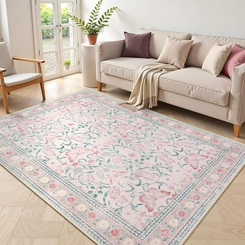 Beeiva Boho Washable Rugs 5x7, Pink Area Rug Carpet for Bedroom, Non Slip Butterfly Bedroom Rug with Low Pile, Distressed Ultra-Thin Floral Indoor Floor Carpet for Nursery (Pink,5'x7') thumbnail 7