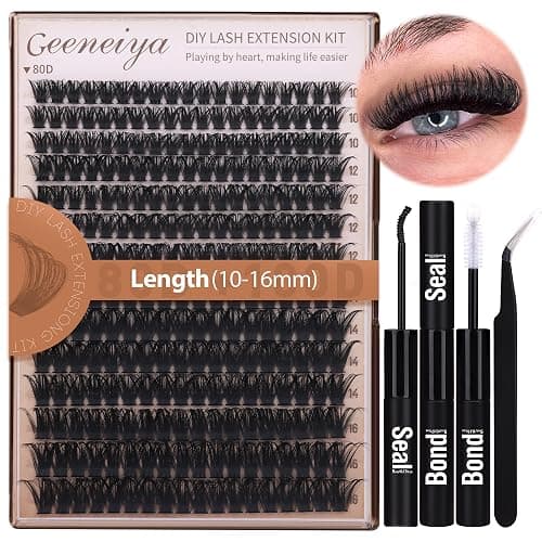 Geeneiya Volume Lash Clusters Kit DIY Lash Extension Kit D Curl Eyelash Extensions with Waterproof Lash Bond and Seal Waterproof Tweezers,10-16MM Cluster Lashes 300Pcs - Image 1