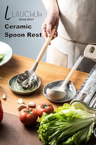 LAUCHUH Spoon Rest for Kitchen Counter,5" Spoon Holder for Kitchen Counter Stove Top Ceramic Spatula Holder for Ladle, Spatula, Spoons or Tongs, Thanksgiving Gifts, Unique Green thumbnail 2