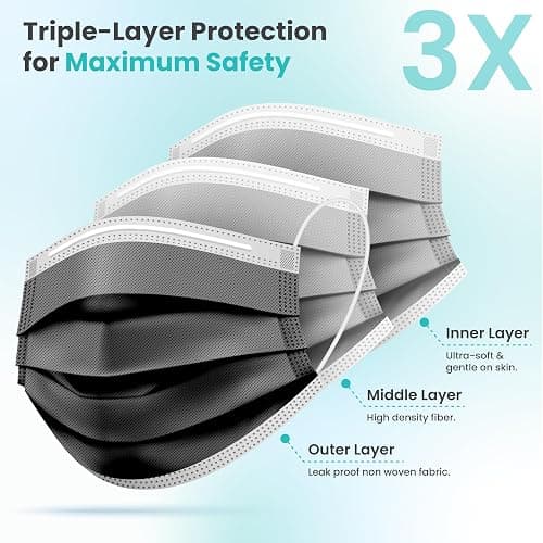 [Pack Of 150] Black Disposable Face Mask, 3-Ply Adult Masks, Facial Cover with Elastic Earloops For Home, Office, School, and Outdoors thumbnail 2