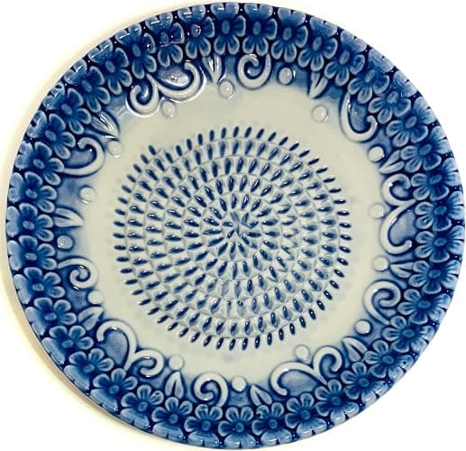 BonCera, Premium Ceramic Garlic Grater Plate Set - Blue Embossed | All-in-One 4-Piece Set includes 5.25" Plate, Peeler, Brush, and Stand - For Garlic, Ginger, Fruits, Strawberries, and more! thumbnail 4