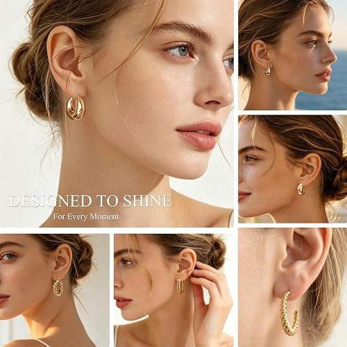 6 Pairs 14K Gold Plated Hoop Earrings for Women Lightweight Chunky Hoop Earrings Multipack Hypoallergenic, Thick Open Twisted Huggie Hoops Earring Set Jewelry for Gifts. thumbnail 2