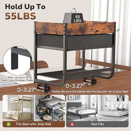 Housolution 2 Tier Bedside Shelf for Top Bunk & Loft Beds, Bunk Bed Shelf with Fabric Drawer, Tablet Slot,Clip on Nightstand for College Dorm Rooms, Small Apartments, Bedrooms with Limited Space thumbnail 4