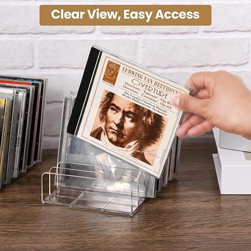 CELSOL Clear Acrylic CD Holder 2 Pack - CD Storage Rack DVD Organizer Stand Holds 28 Jewel Cases, CD Display Shelf for Media Organization, Versatile Desktop Storage for Music Collection thumbnail 2