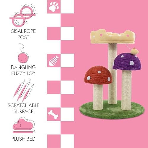 THE LICKER STORE CTR1001A Pixie 22.5" 3-Tier Cottage Sisal Mushroom Cat Tree with Scratching Posts, Napping Perch, and Dangling Bell Toy, Multi thumbnail 4