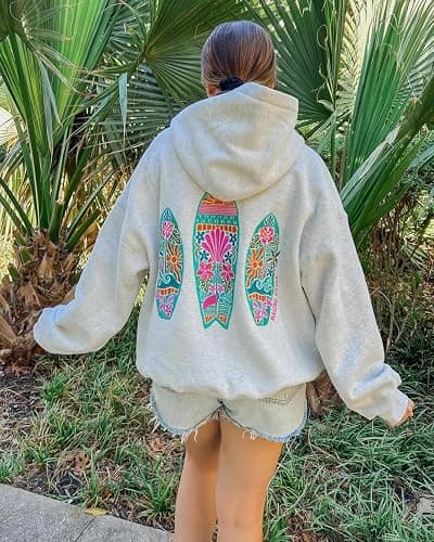 Yiulangde Women Teen Girls Cute Embroidered Flower Ocean Graphic Hoodies Coastal Preppy Long Sleeve Pocket Hoodie Sweatshirts thumbnail 3