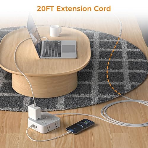 TESSAN Surge Protector Power Strip, 20 Ft Flat Plug Extension Cord with 3 USB (1 USB C) 8 Outlets, 1250W, 900J Protection, 3 Sided Outlet Extender with Power Switch for Office, Dorm Room, Grey thumbnail 2