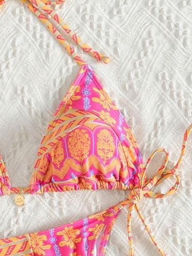 QJQ Women's 2 Piece Bikini Sets Floral Boho Halter Triangle Bathing Suit Tie Side Sexy Cheeky String Swimsuit thumbnail 2