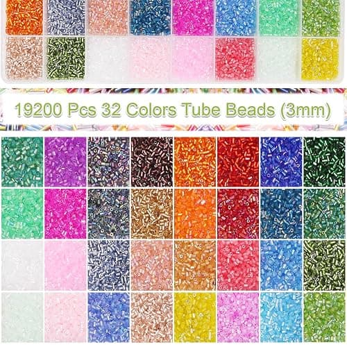 EuTengHao Kit de perles tubulaires 3 mm en verre pour la fabrication de bijoux, la broderie et la décoration intérieure (32 couleurs vives, 19200 pièces) thumbnail 2