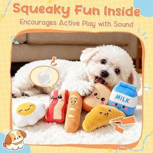 KIPRITII Dog Squeaky Toys for Small Dogs, Breakfast-Themed Puppy Toys to Keep Them Busy, Plush Toys with Squeaker for Interactive Play, Includes Storage Bag thumbnail 3