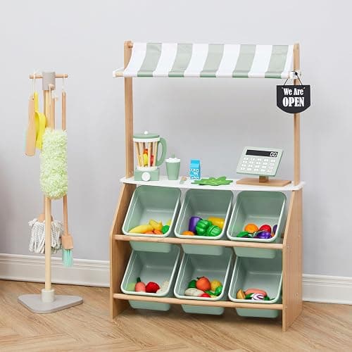 Teamson Kids Little Helper Wooden Farmer's Market Stand with Pretend Cash Register and 6 Plastic Storage Bins, Green, TD-13638A-AMZ thumbnail 2