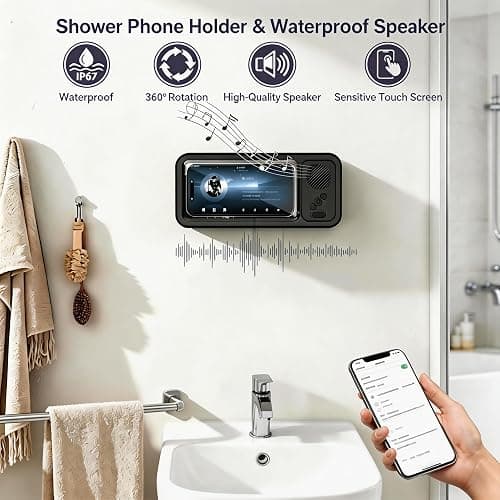 Enfriliv Waterproof Phone Holder with Speaker, Shower Phone Holder Waterproof, Shower Phones Holder with Wireless Bluetooth Speaker with 360° Rotation Ipx4 Aqua with Shower Play(White) thumbnail 2