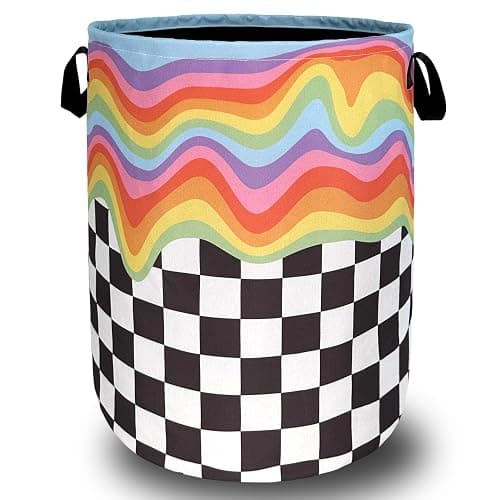 Rainbow Plaid Laundry Hamper Foldable Oxford Cloth Basket 18.9x16.5 | Colorful Laundry Basket Foldable Tote Bag Personalise Clothes Toy Storage Bucket18.9" x 16.5"For Bathroom/Laundry/Bedroom - Image 1