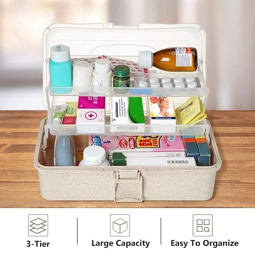 HomeMiYN 3-Tier First Aid Box, Portable Medicine Storage with Handle, Emergency Family Medical Organizer Container for Car, Home, School, Travel, Camping, Hiking thumbnail 2