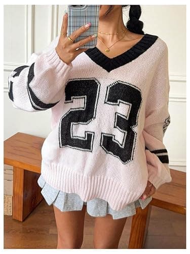 BEAUDRM Women's Y2K Sweater Oversized Sweaters Long Sleeve V Neck Pullover Jumper Knit Top thumbnail 5