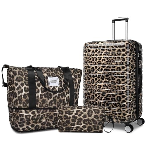 LARVENDER Luggage Sets 3 Piece, Hardside 20 IN Carry on Luggage Airline Approved PC+ABS Suitcase Set with Spinner Wheels TSA Lock, Lightweight Rolling Suitcase for Men and Women, Cheetah Print - Image 1