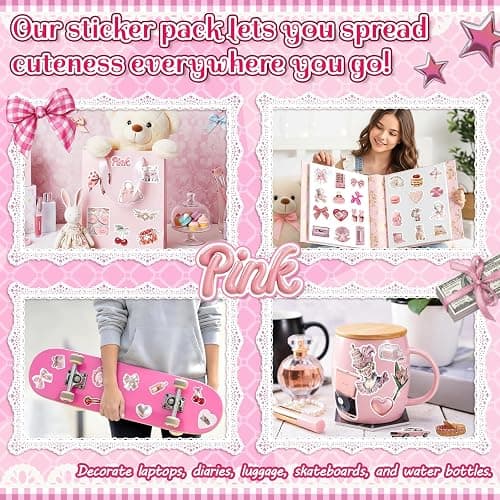200PCS Pink Coquette Stickers for Girls, Cute Aesthetic Vinyl Stickers for Scrapbooking, Laptop, Phone, Guitar & Water Bottles thumbnail 4