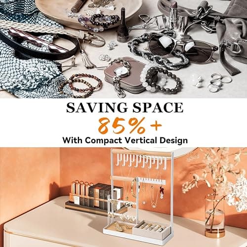 DreamGenius Jewelry Organizer Stand with Velvet Ring Holder, 4 Tier Jewelry Holder Organizer with 15 Hooks for Necklaces and 16 Holes for Earrings, White thumbnail 4