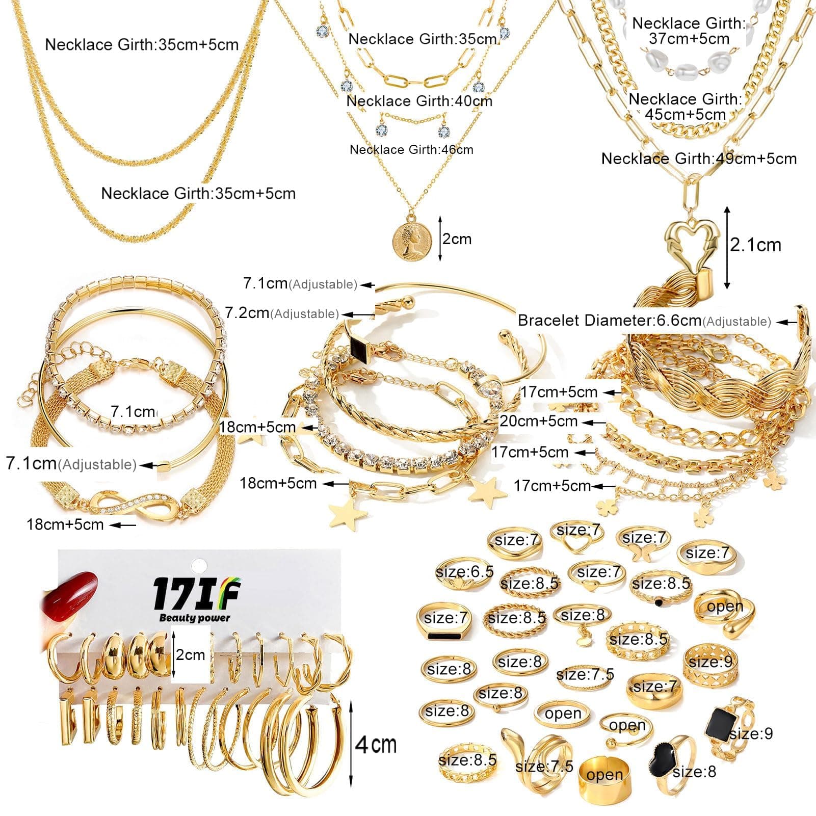 38-59 pieces (8-9 set) gold plated jewelry set for women with 8 necklaces, 12 bracelets, 27 rings, 12 pairs of dangle earrings, simple and sparkling Happy-Gold jewelry for women thumbnail 6