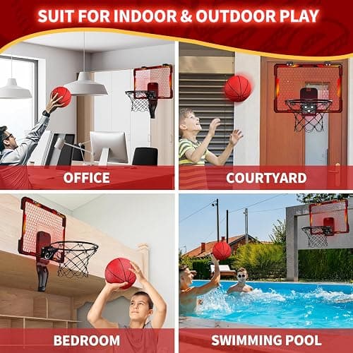 HYES Remote Control Basketball Hoop Indoor with 7 LED Lighting, Mini Basketball Hoop with Electronic Scoreboard, 3 Modes, Over Door Basketball Hoop, Basketball Toys Sport Gifts for Kids, Adults (red) thumbnail 9