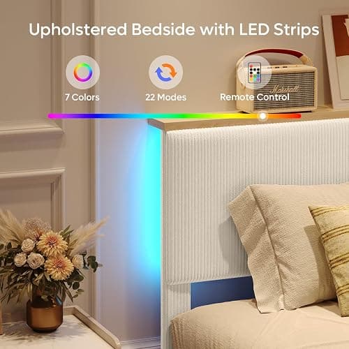 Bestier Queen Bed Frame with Adjustable Headboard & LED Lighting, Corduroy Upholstered Platform Bed Frame with Storage Shelf, Solid Wood Slats, No Box Spring Needed, Never Squeak, Easy Assembly, Beige thumbnail 5