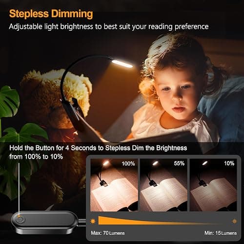 Gritin 16 LED Rechargeable Book Light for Reading in Bed- Eye Caring 3 Color Temperatures, Stepless Dimming Brightness, 80 Hrs Runtime, Lightweight Flexible Clip on Light for Book Lovers thumbnail 3