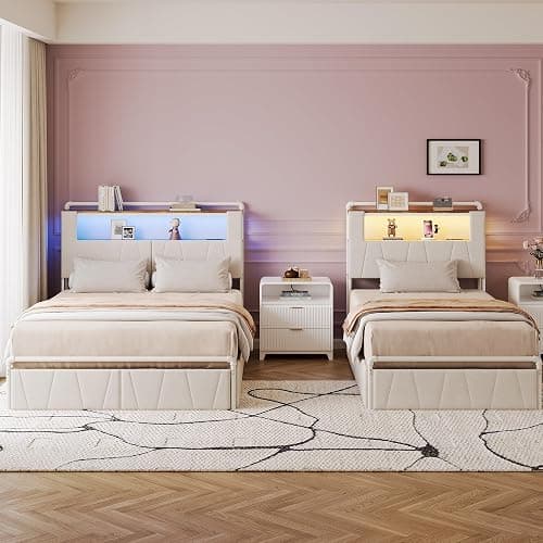 KSOBEBVT Twin Bed Frame with Storage Drawers, Upholstered Headboard with Charging Station & LED Lights, Metal Platform Bed Frame Twin Size, Noise Free, No Box Spring Needed, Easy Assembly, Beige thumbnail 7