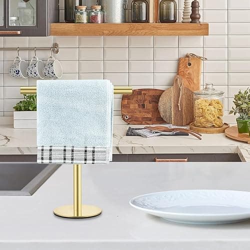 Elibbren Bath Hand Towel Holder Standing, Stainless Steel Golden Towel Bar Rack Stand for Bathroom and Kitchen Vanity Countertop, Modern Towel Holder，1 Pack thumbnail 5