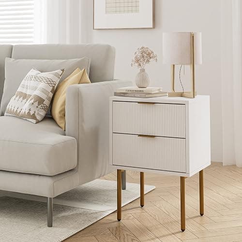 Masupu Nightstand,Mid-Century Modern Bedside Table with 2 Storage Drawer,Small Gold Frame Side End Table for Bedroom,Living Room, White thumbnail 9