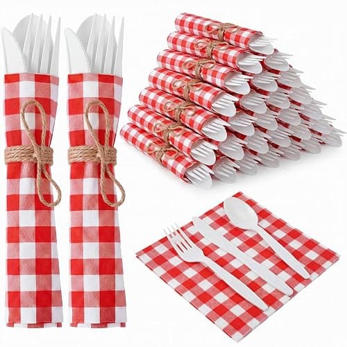 Lanties 200 Pcs BBQ Party Supplies Red White Gingham Biodegradable Disposable Tableware Set for 50 Guests Knives Spoon Fork Paper Napkins for BBQ Baby Shower Birthday Wedding - Image 1