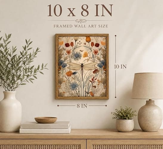Framed Vintage Boho Wall Art Natural Botanical Dragonfly Decor 8x10in | Nature-Inspired Farmhouse Floral Canvas Print for Bathroom, Bedroom, Living Room, Office or Cottagecore Picture Home Decor thumbnail 2