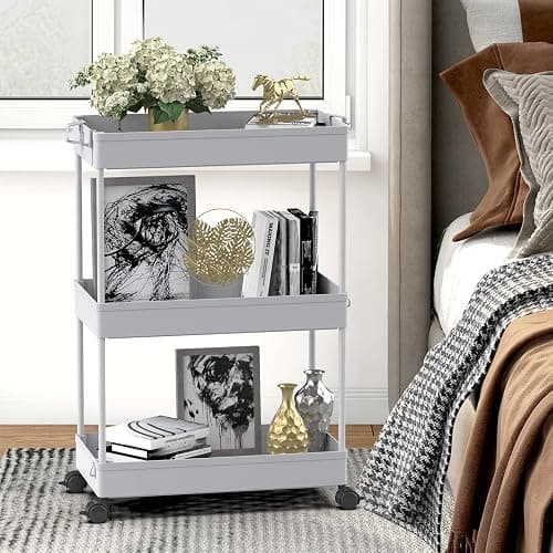 SPACELEAD 3 Tier Rolling Cart with Wheels, Storage Craft Art Trolley Organizer Serving, 3 Hanging Baskets Easy Assembly, for Office, Living Room, Kitchen, Gray thumbnail 7